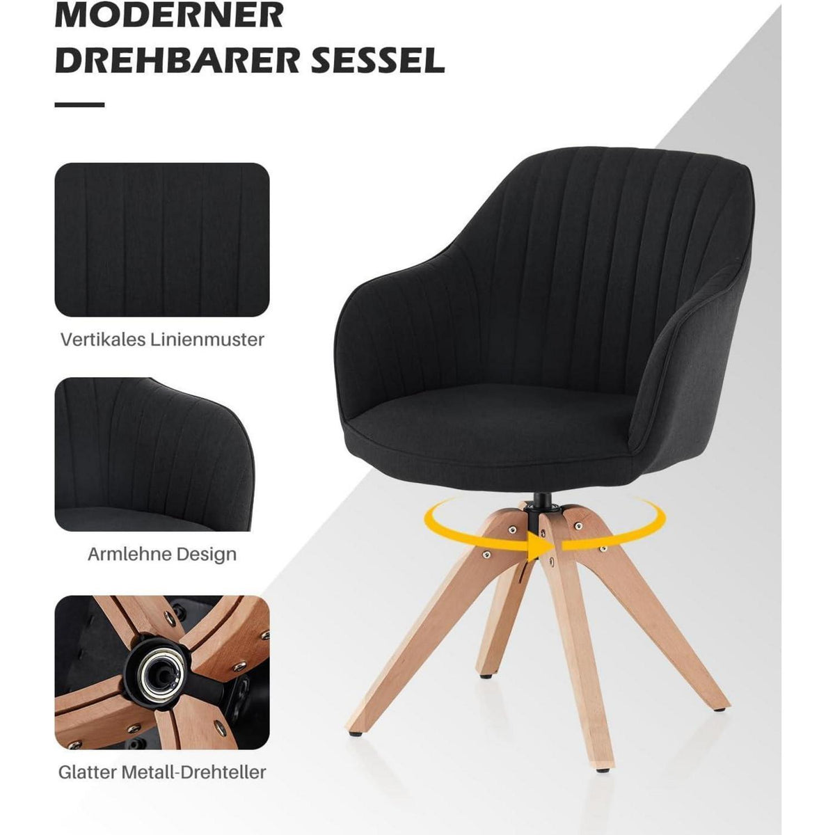 Drehbarer Esszimmerstuhl mit Armlehnen & Leinenbezug Schwarz