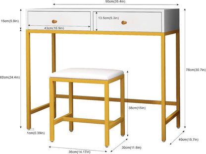 Weißer Schminktisch mit Hocker, 2 Schubladen, Metallbeine - 90x40x78cm