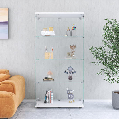 Glasvitrine Weiß 4 Etagen | Moderne Regalkabine für Wohnzimmer