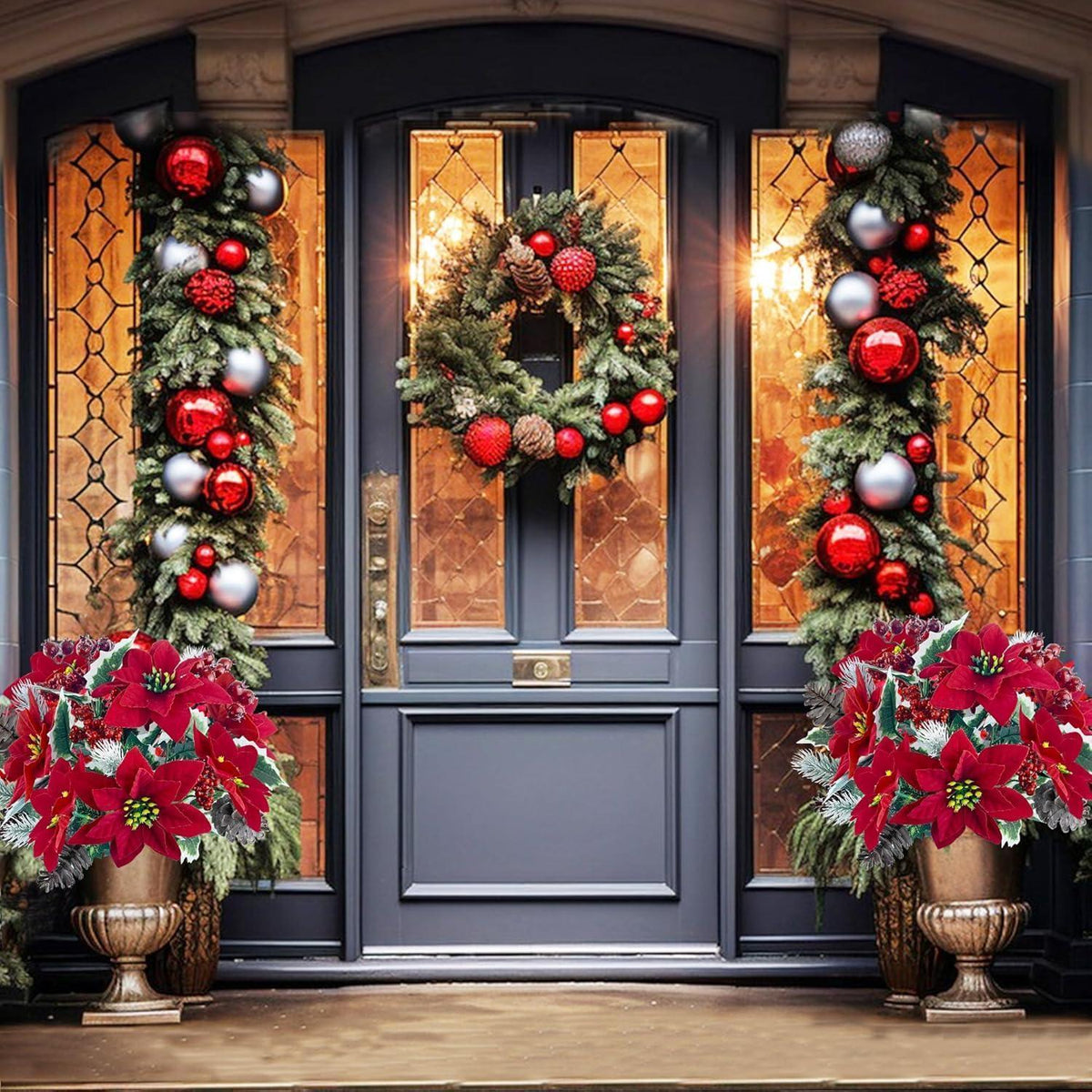 Künstliche Weihnachtssterne 4er Set mit Tannenzweigen & Beeren