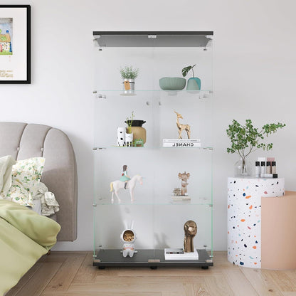 Glasvitrine Schwarz 4 Etagen | Moderne Regalkabine für Wohnzimmer