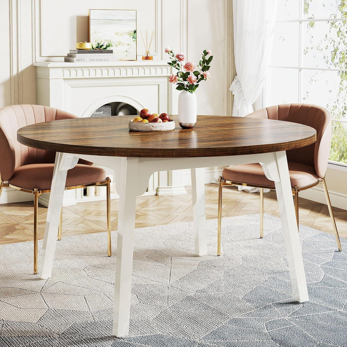 Runder Esstisch 120cm – Massivholz Beine, Braun & Weiß