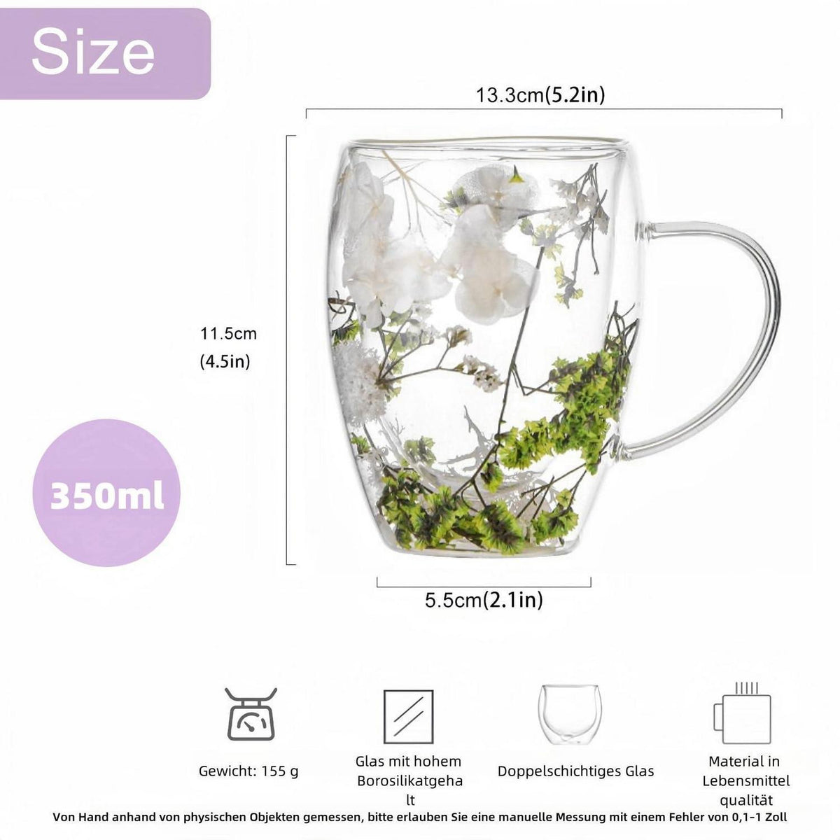2er-Pack Latte Macchiato Gläser mit Trockenblumen, 350ml