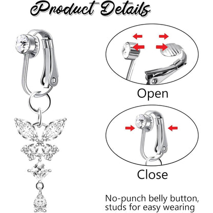 Fake Bauchnabelpiercing Set mit Clip, Herz Kristall Schmetterling Blume Anhänger