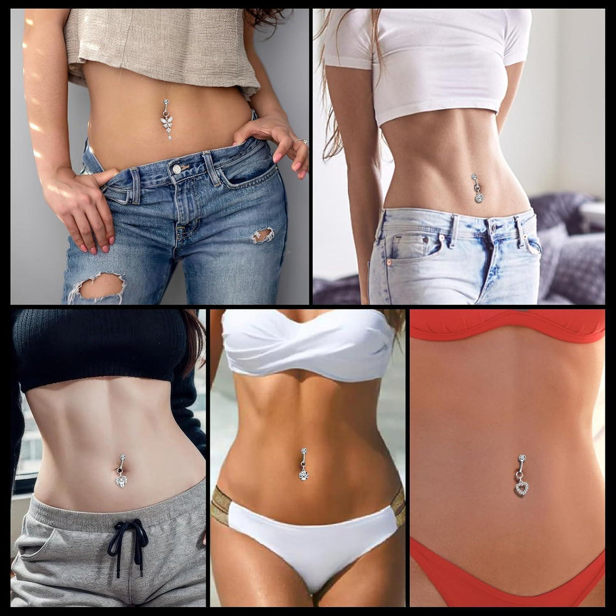 Fake Bauchnabelpiercing Set mit Clip, Herz Kristall Schmetterling Blume Anhänger