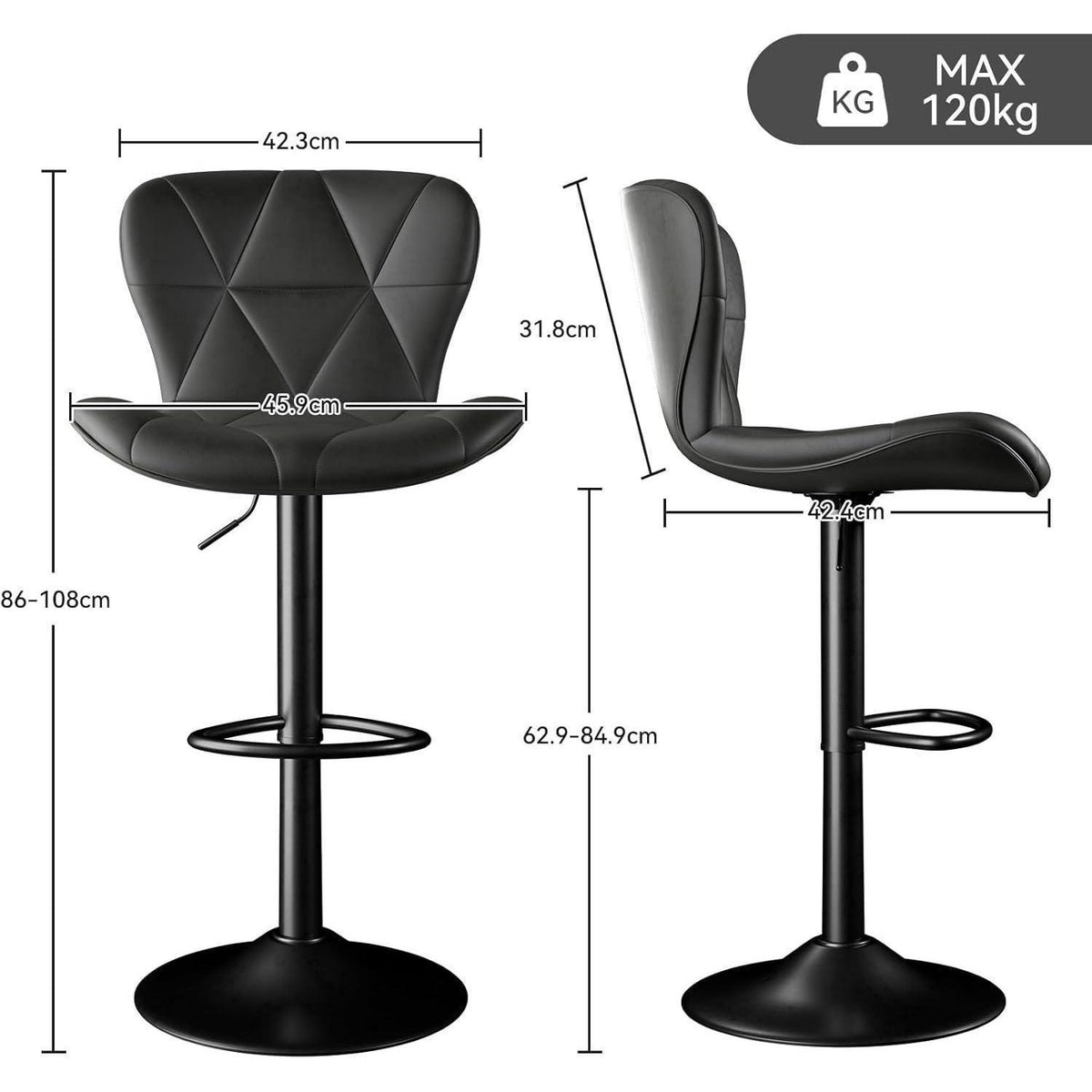 Barhocker 4er Set Höhenverstellbar mit Rückenlehne Schwarz