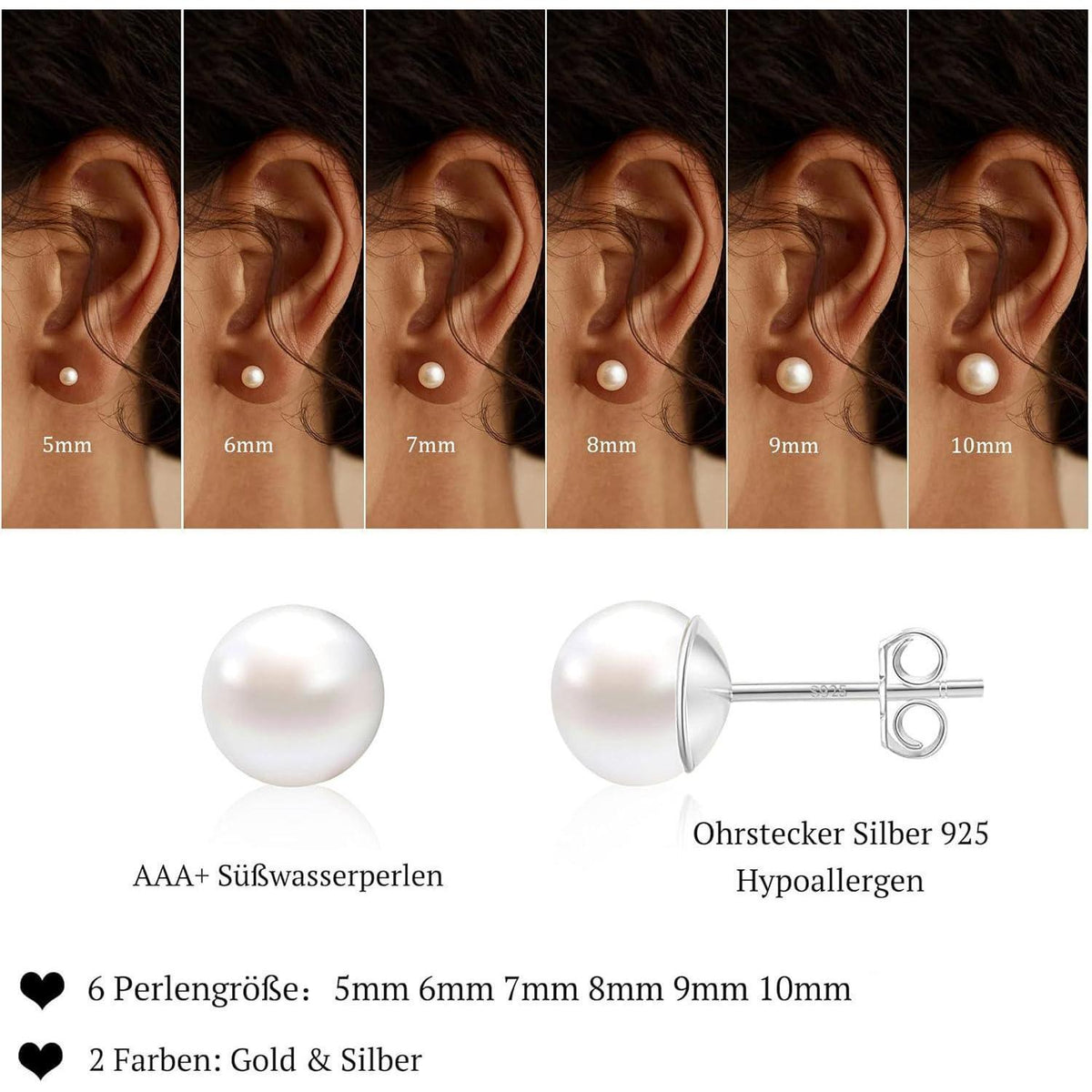 Perlen Ohrstecker 925 Silber Süßwasserperle Weiß 7mm A-Silber