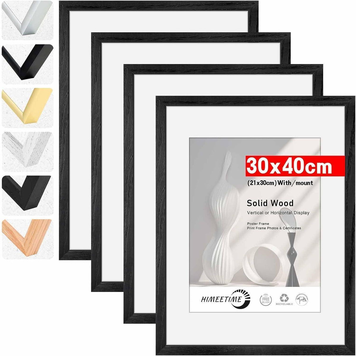 4er Set Bilderrahmen 30x40 cm Schwarz mit Passepartout für A4 Echtholz