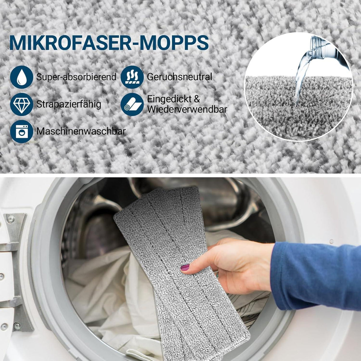 Wischmopp Set mit Eimer und Edelstahlgriff, 6 Mikrofaser