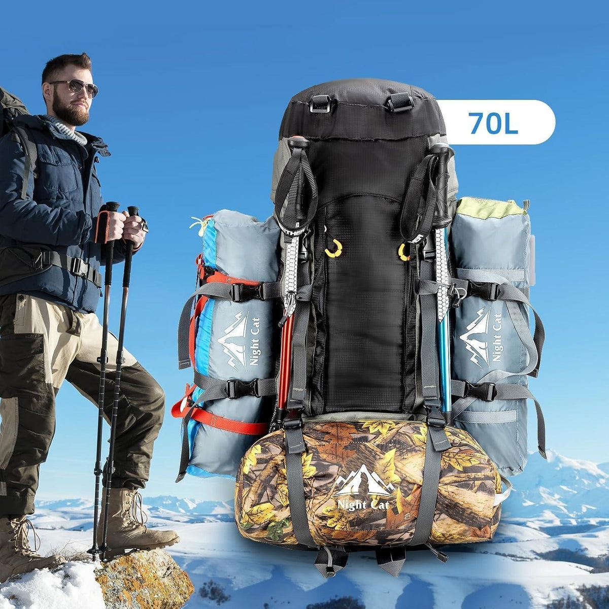 Wanderrucksack 70L atmungsaktiv für Trekking & Camping Schwarz