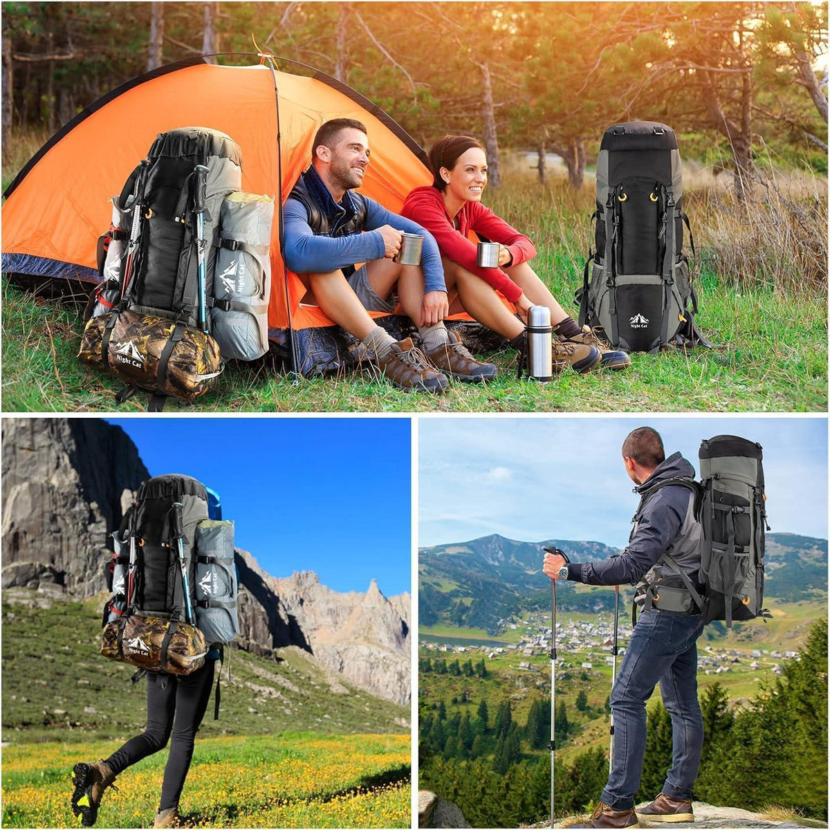 Wanderrucksack 70L atmungsaktiv für Trekking & Camping Schwarz