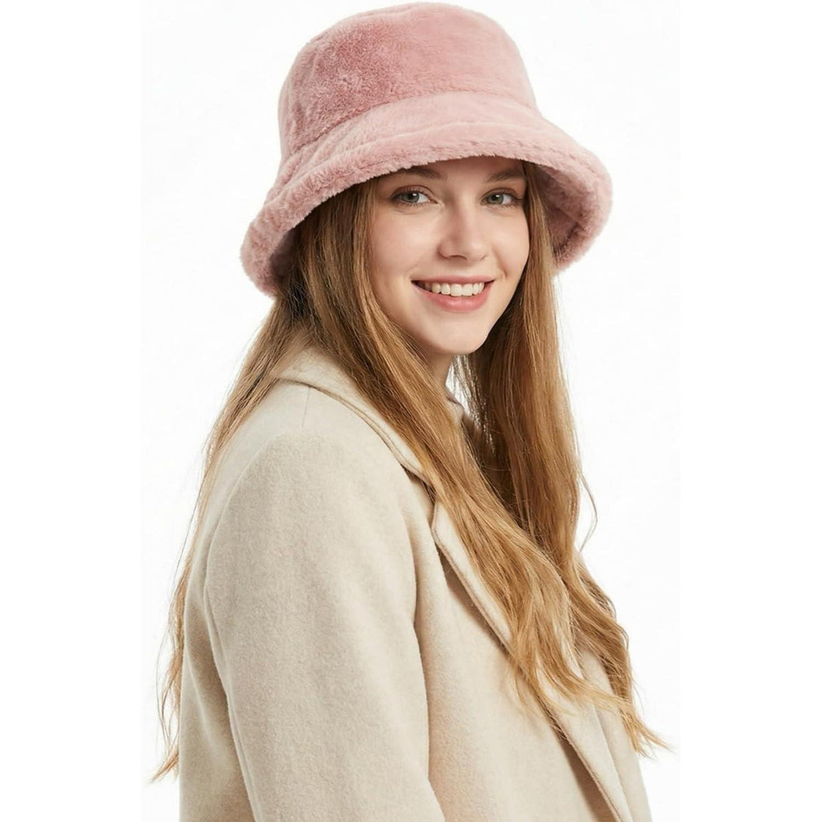 Flauschige Winter Fischerhut Damen Rosa Eimerhut