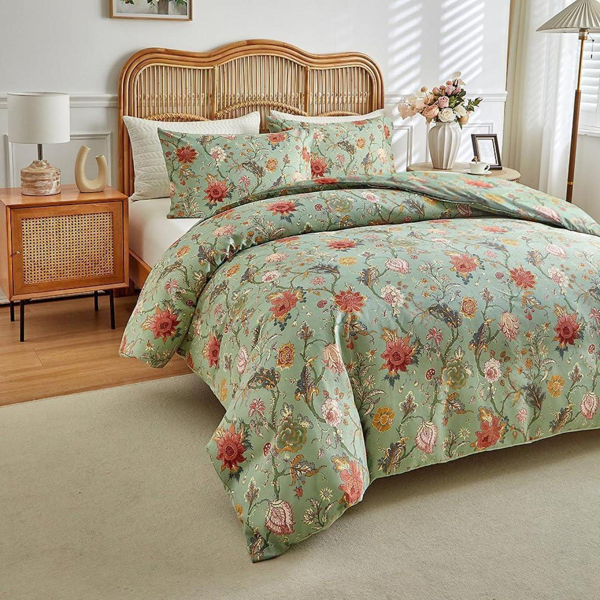Bettwäsche-Set 200x220 cm, Vintage Blumenmuster Grün
