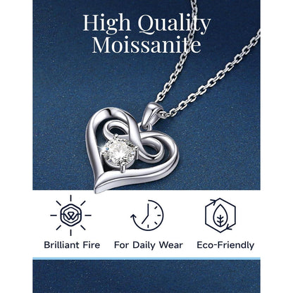 Unendlichkeitszeichen Kette mit Herzanhänger, 1 Karat Moissanit, Silber 925