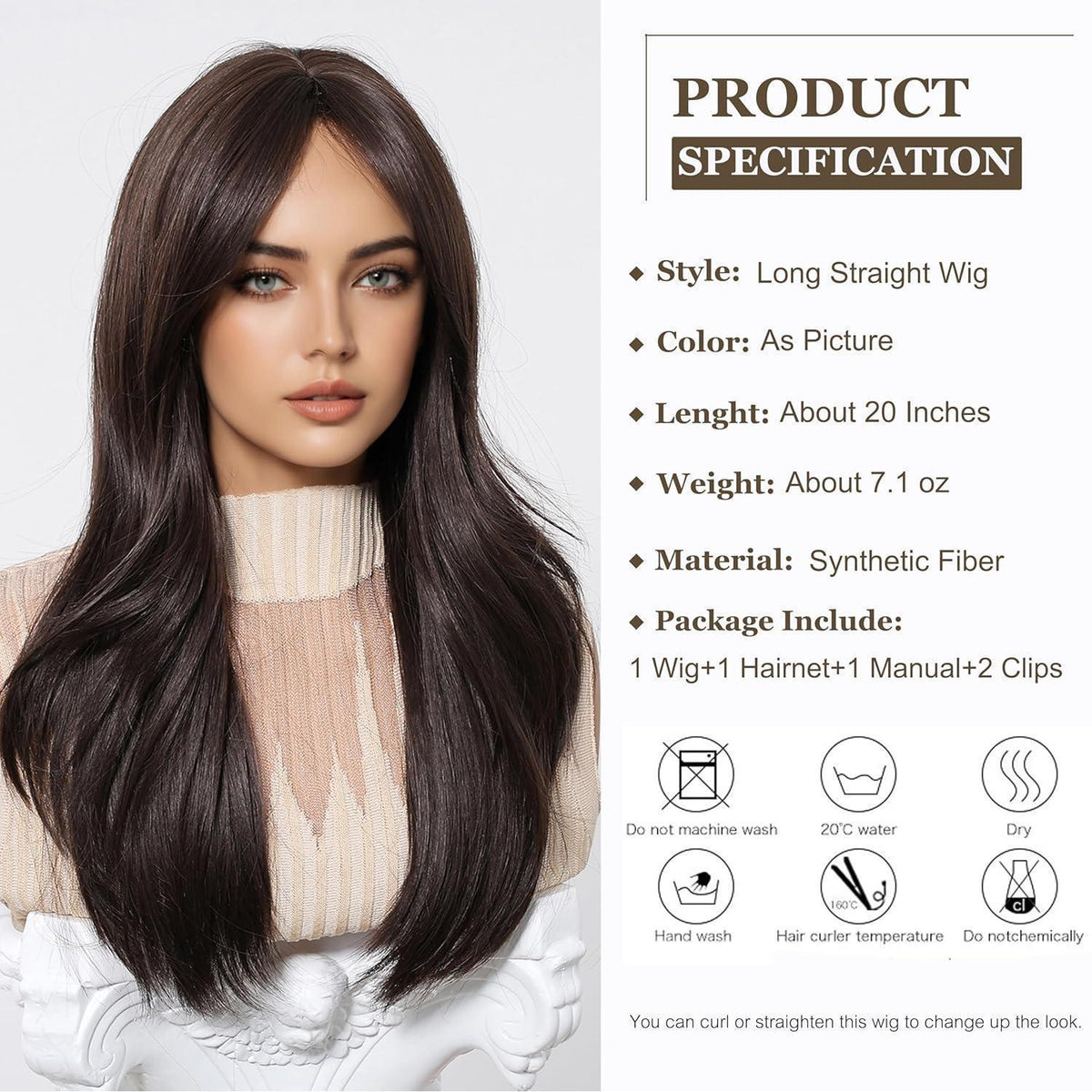 Lange Gerade Braune Perücke mit Pony – Synthetisch & Verstellbar