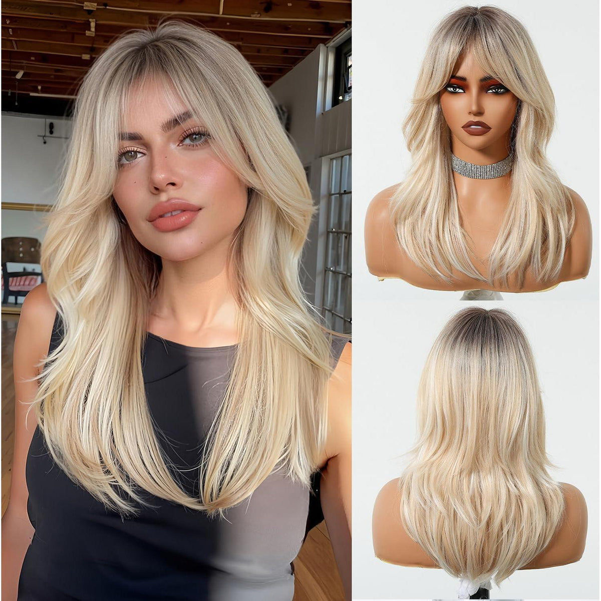 Lange Gerade Blonde Perücke mit Pony – Natürliches Synthetikhaar