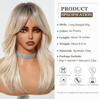 Lange Gerade Blonde Perücke mit Pony – Natürliches Synthetikhaar