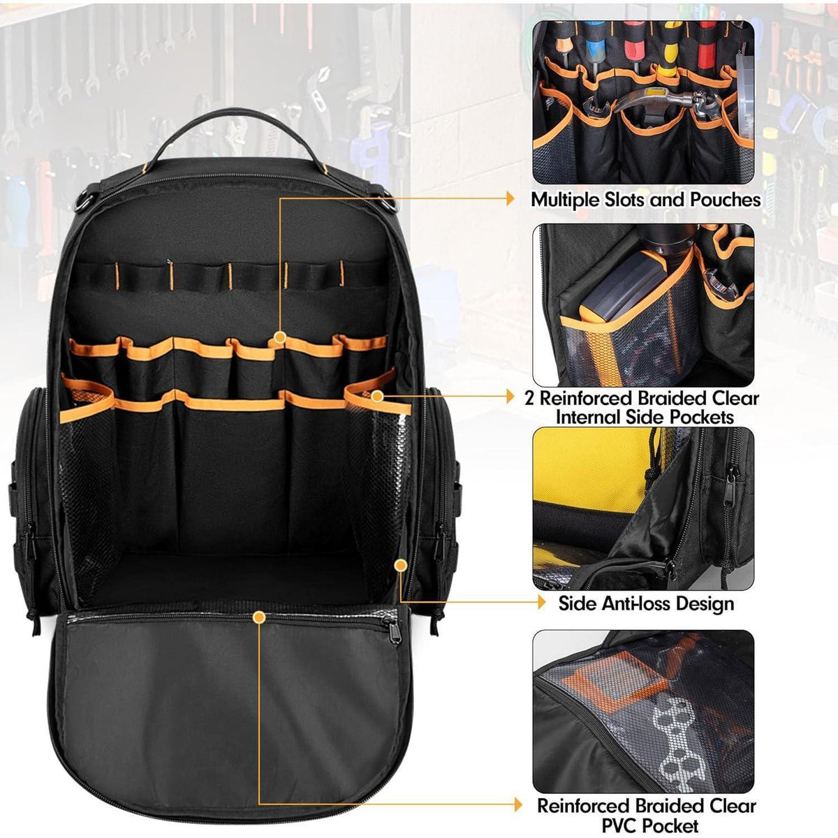 Werkzeugrucksack mit 3 Organizer-Taschen, Schwarz