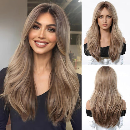 Lange Gerade Ombre Blonde Perücke mit Pony – Synthetisch & Verstellbar