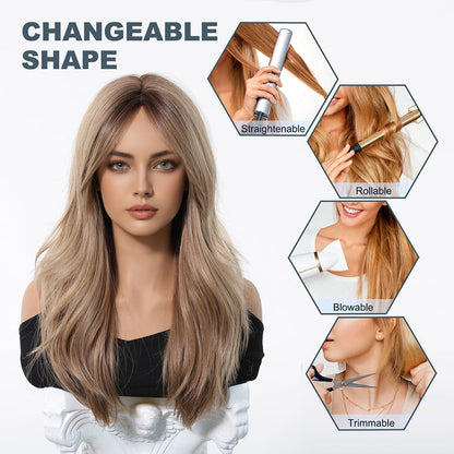 Lange Gerade Ombre Blonde Perücke mit Pony – Synthetisch & Verstellbar