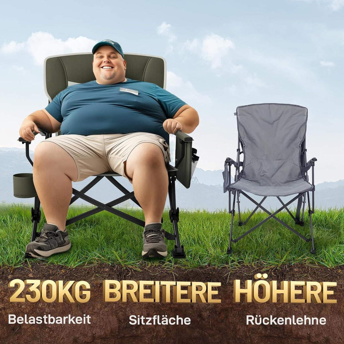 XL Campingstuhl faltbar 230kg belastbar mit Getränkehalter Grün