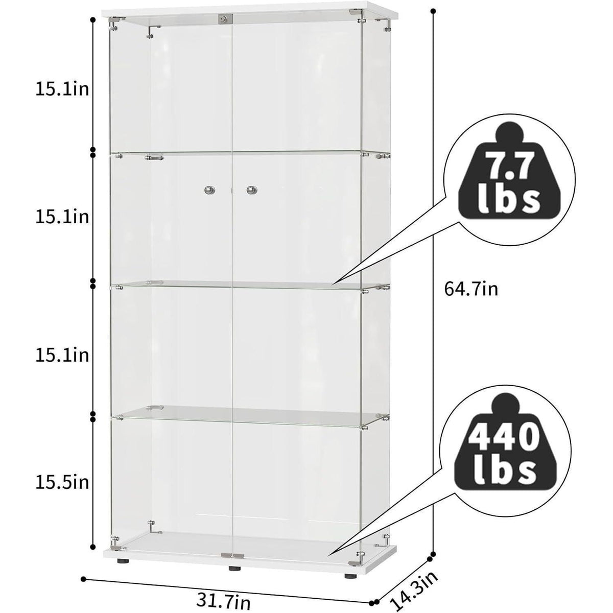 Glasvitrine Standvitrine weiß, 2 Türen, 4 Etagen