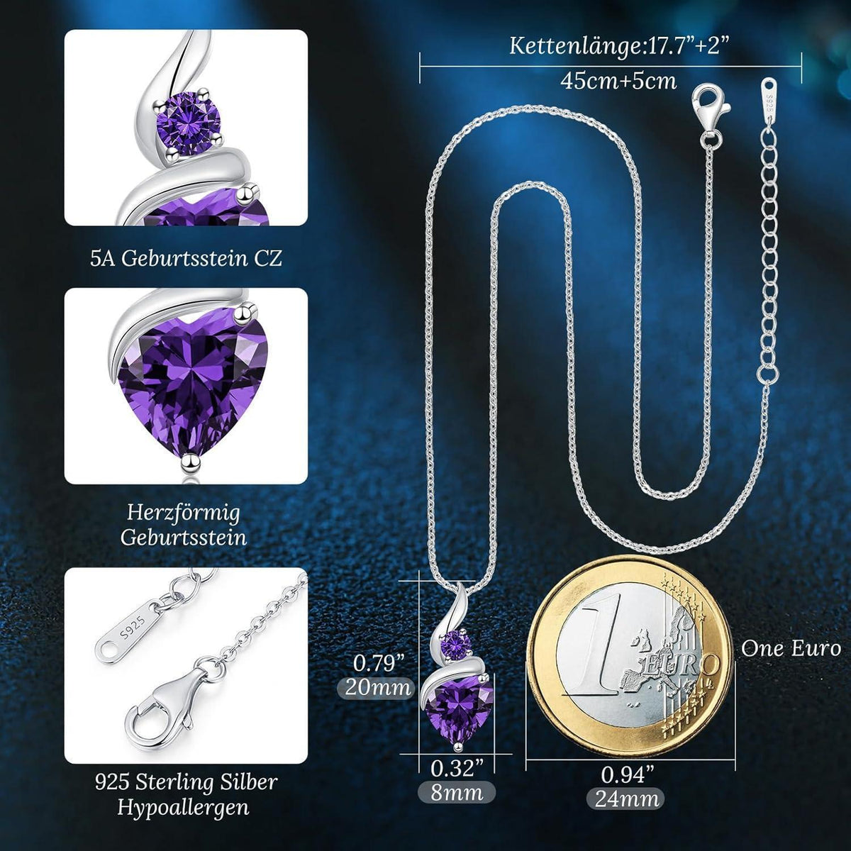 Damen Sterling Silber Infinity Herz Geburtsstein Halskette