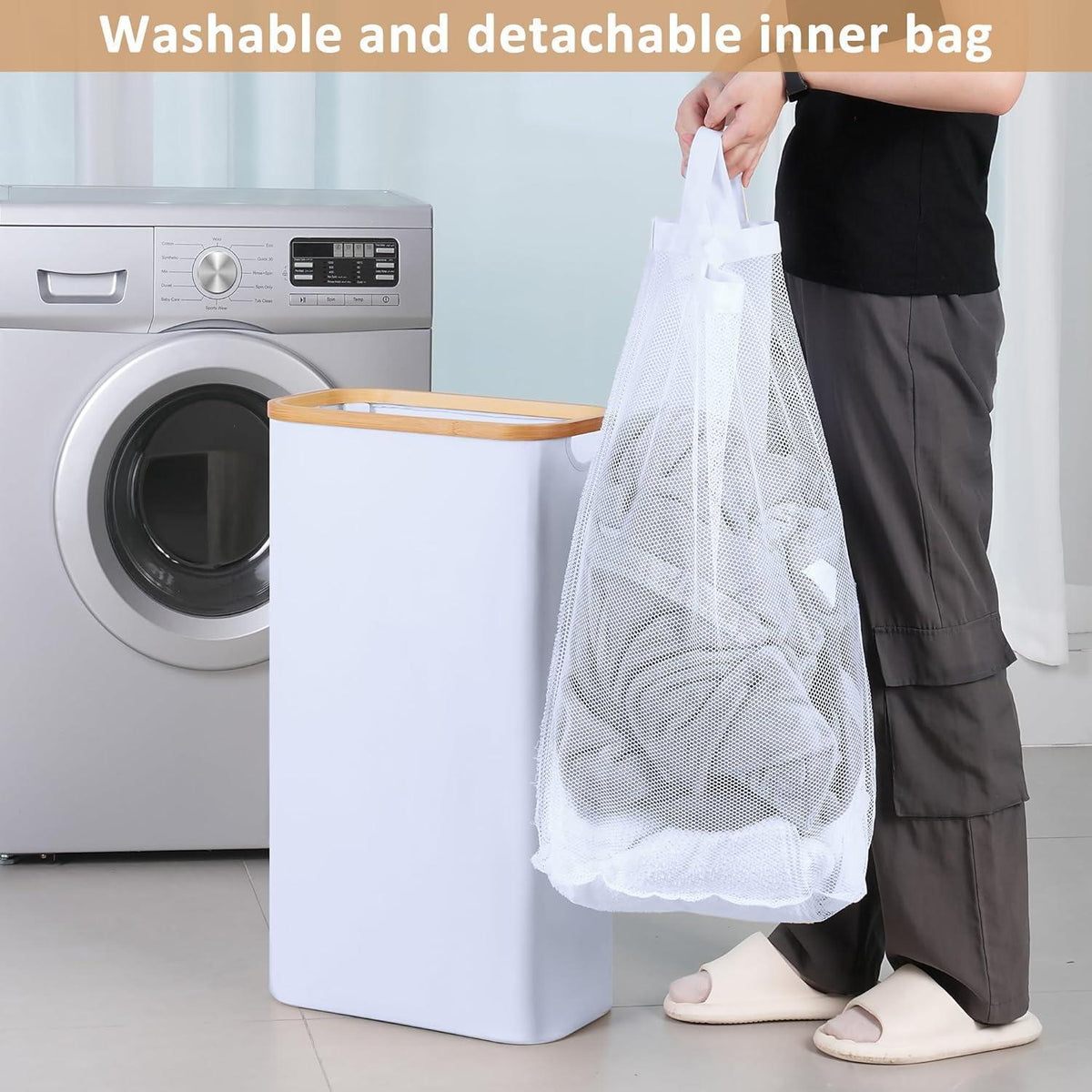 Schmaler Wäschekorb mit Deckel und Innentasche, 60L, Weiß