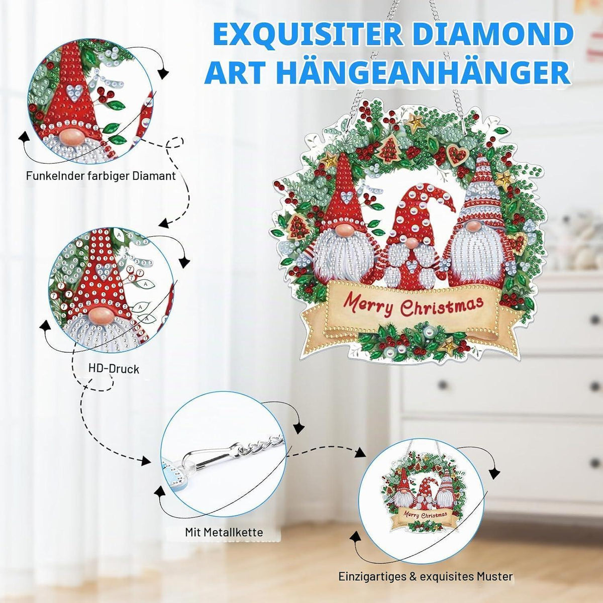 Diamant Painting Weihnachten Anhänger - Gnom Fensterbild DIY Set