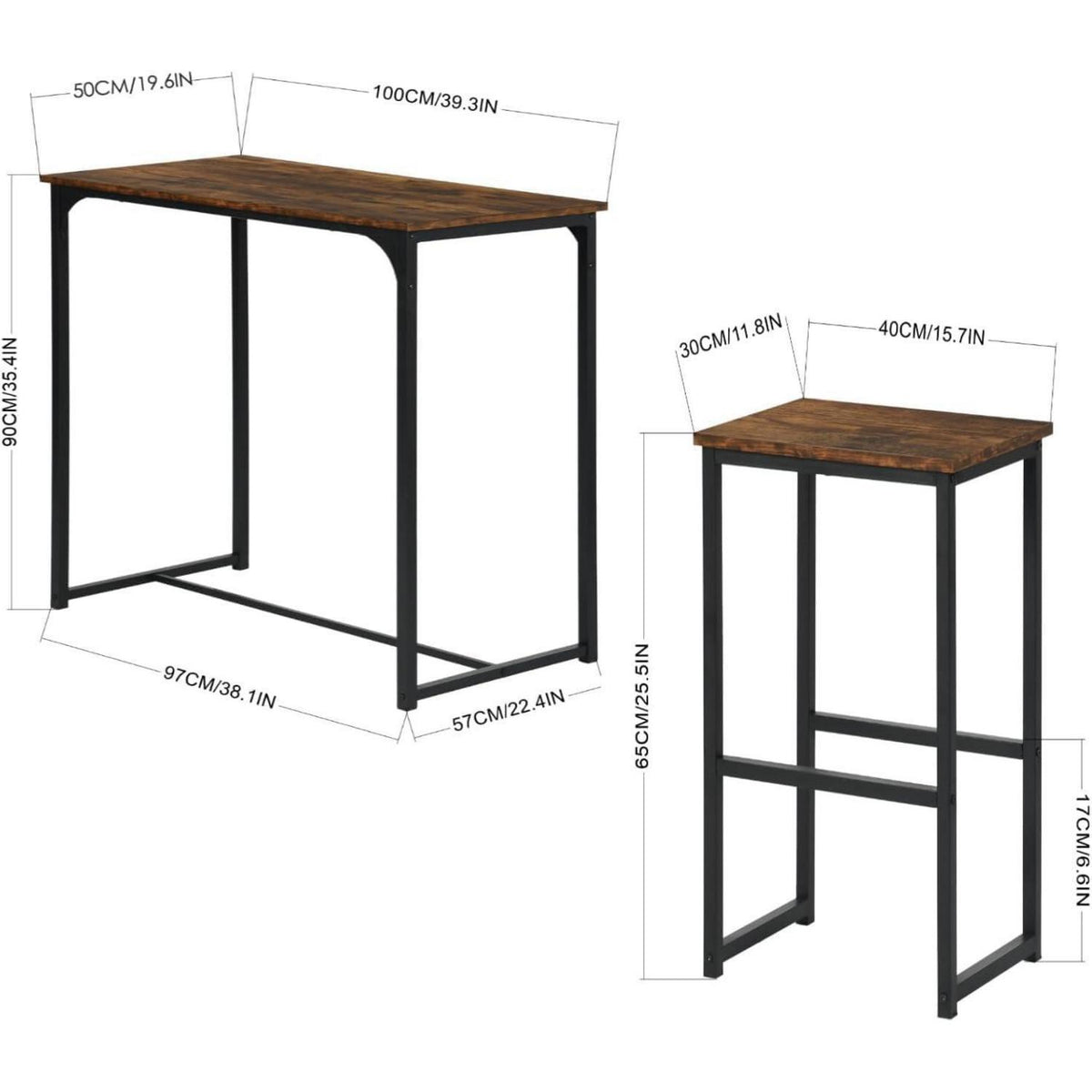 Bartisch Set mit 4 Barhockern – Industriestil Vintage Braun