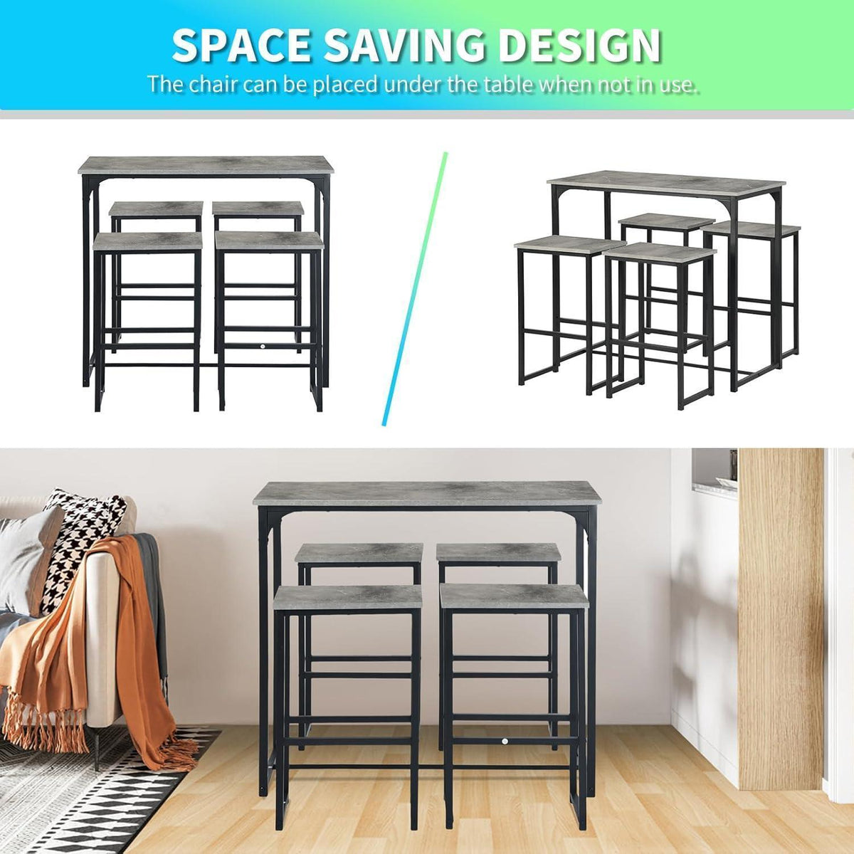 Bartisch Set mit 4 Barhockern – Industriestil Grau