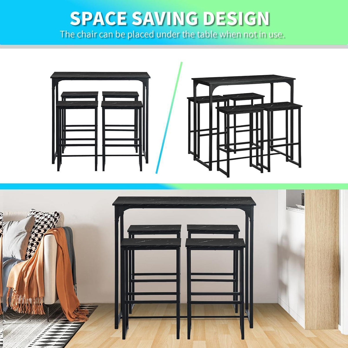 Bartisch Set mit 4 Barhockern – Industriestil Schwarz