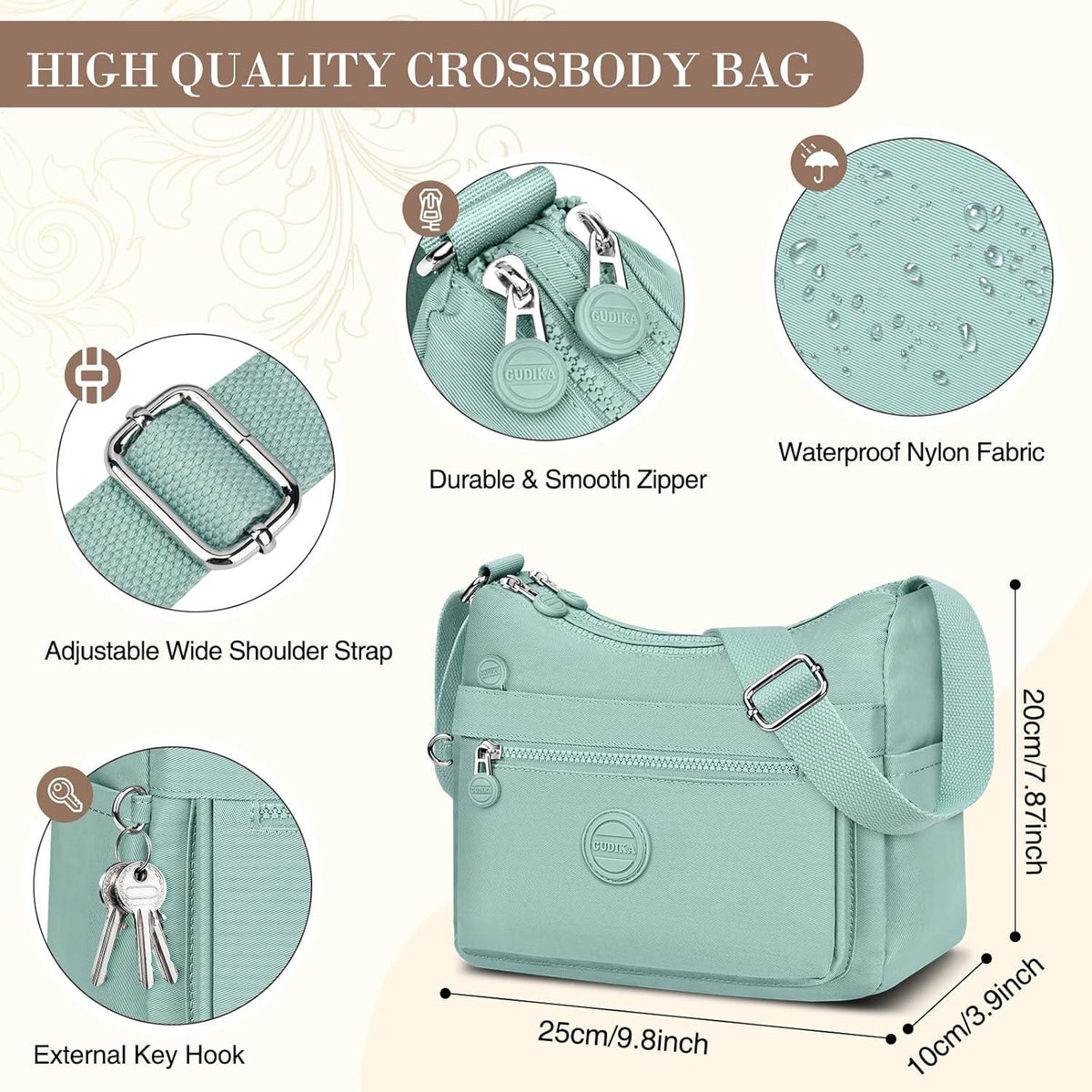 Umhängetasche Damen Wasserdicht Nylon Crossbody Bag Vielen Fächern
