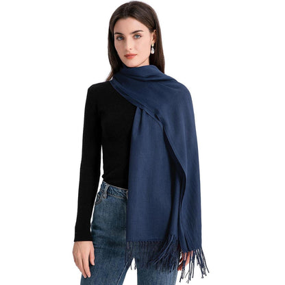 Langer Winterschal Damen mit Fransen Navy Blau