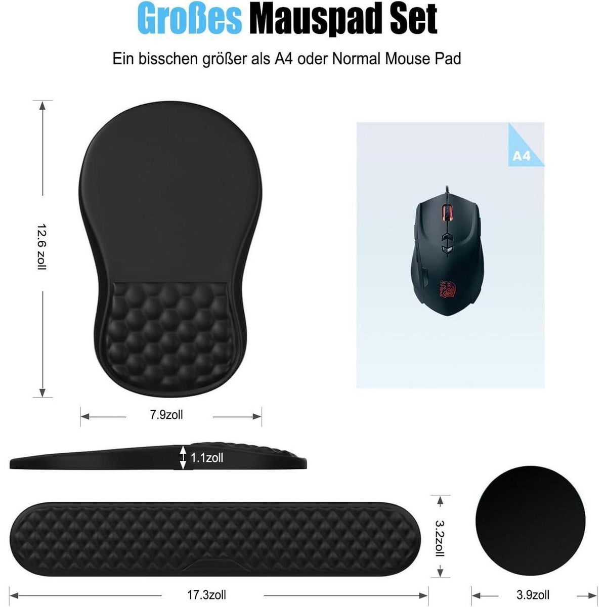 Ergonomisches Mauspad mit Handgelenkauflage aus Memory-Schaum (Schwarz)