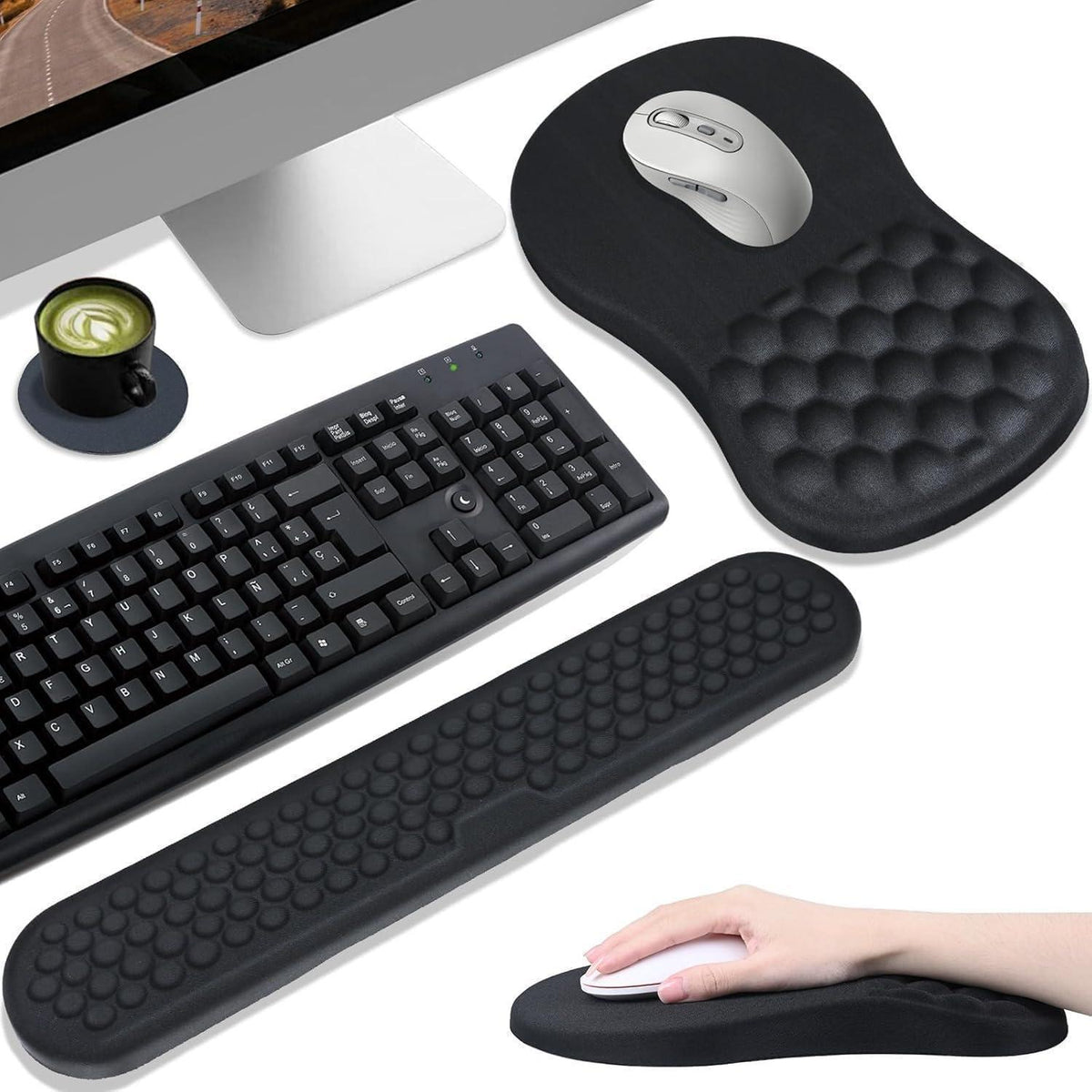 Ergonomisches Mauspad mit Handgelenkauflage aus Memory-Schaum (Schwarz)