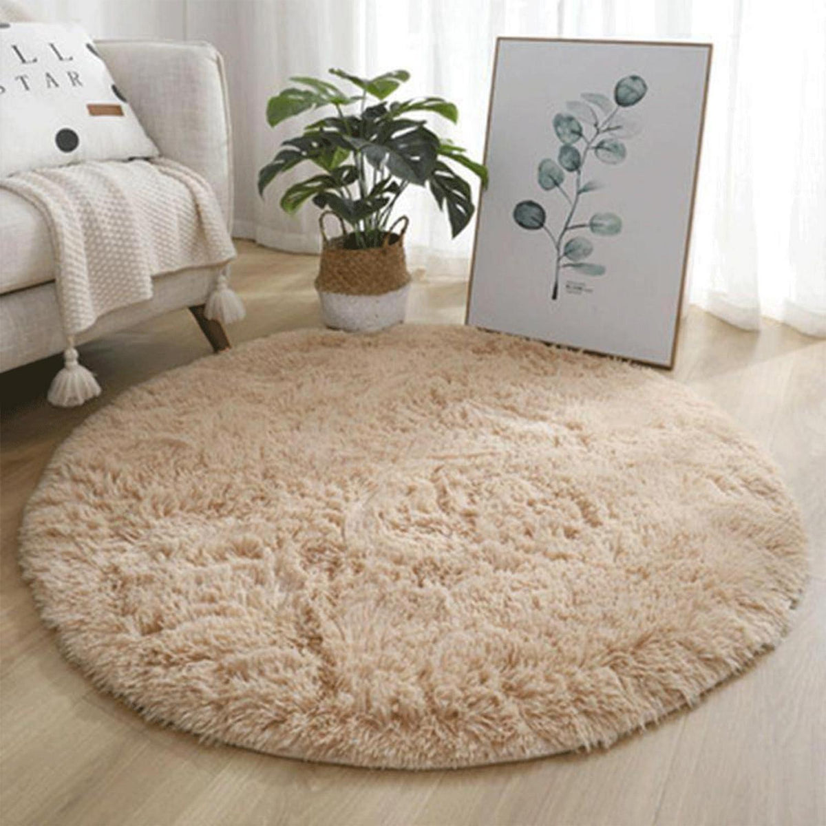 Runder Hochflor Teppich Flauschig Weich 180cm Camel