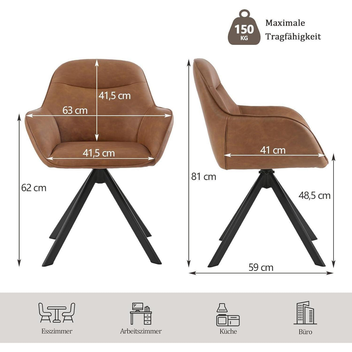 Drehstuhl Esszimmer 4er Set Braun mit Armlehnen in Lederoptik