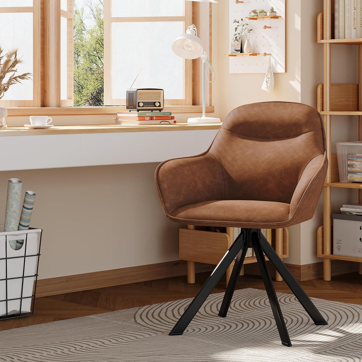 Drehstuhl Esszimmer 4er Set Braun mit Armlehnen in Lederoptik