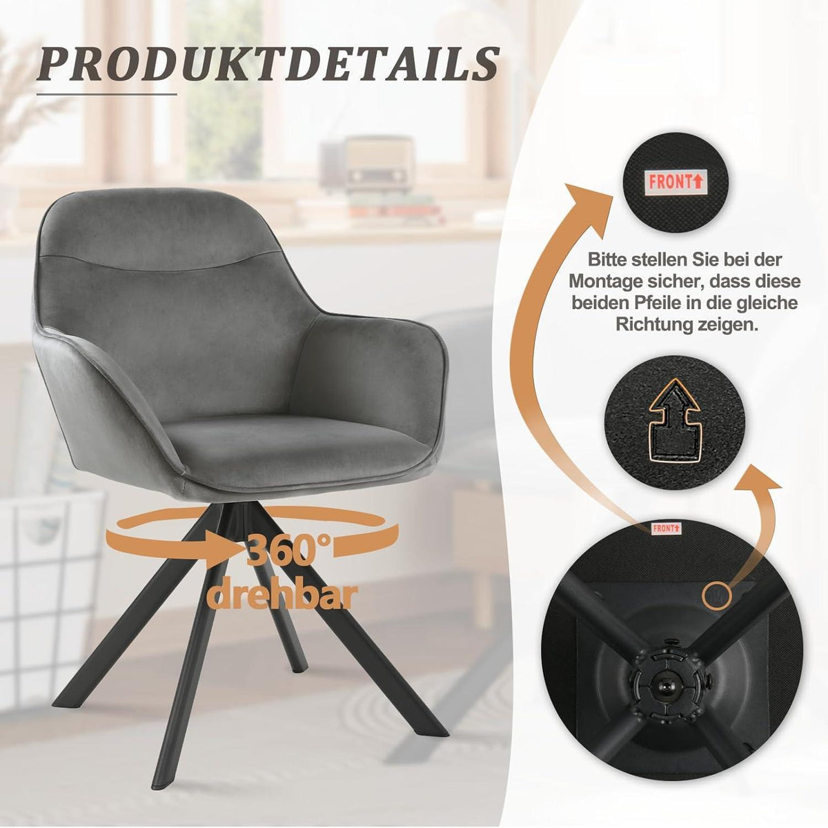 Drehbarer Esszimmerstuhl Set 6x – Dunkelgrau, Samt & Metall