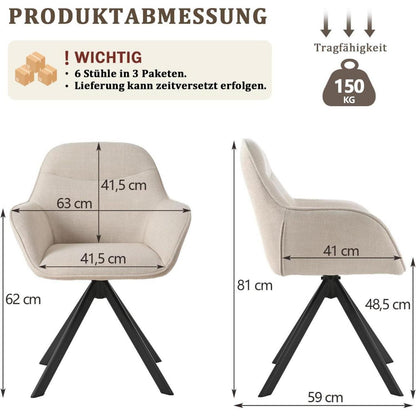 Drehbarer Esszimmerstuhl 6er Set Beige mit Armlehne & Leinenbezug