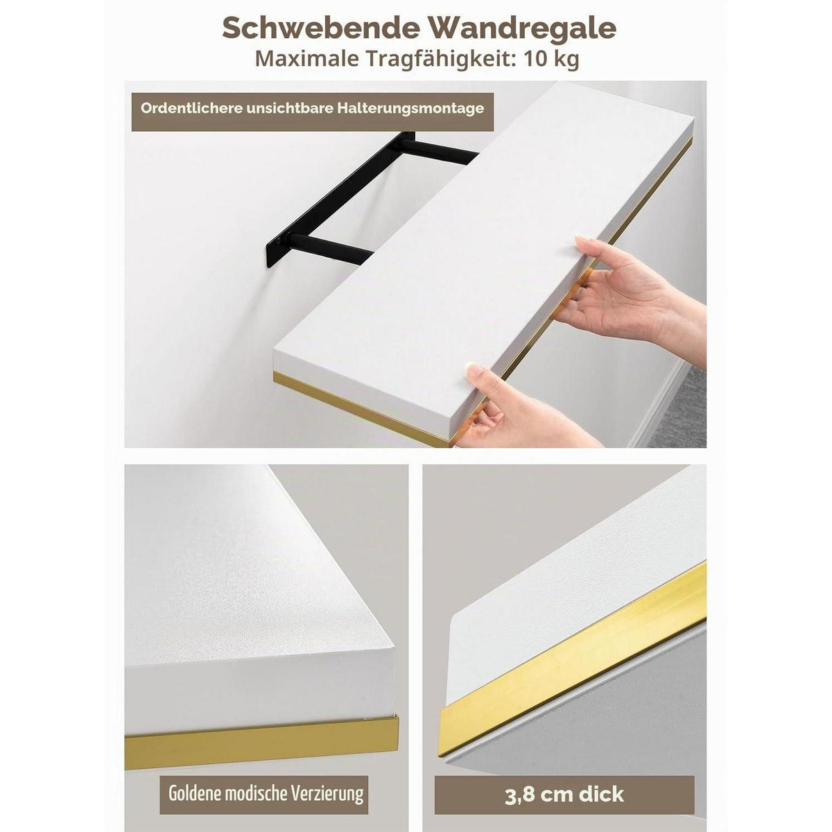 Wandregal Weiß Gold 2er-Set 60cm Schweberegal mit unsichtbarer Halterung
