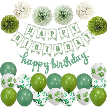 Geburtstagsdeko Set Eukalyptus Grün Weiß Girlande & Luftballons