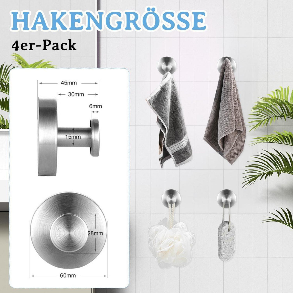 4x Edelstahl Saugnapf Haken - Handtuchhalter Bad Küche