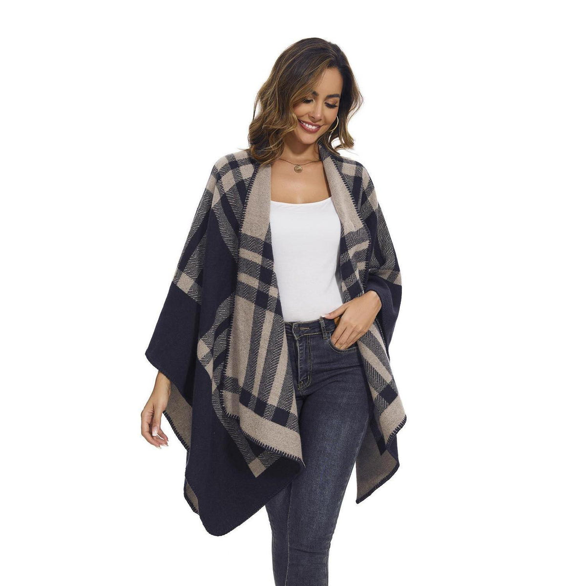 Strickcape Damen Elegant Offen Poncho Schal Decke Cardigan Mantel
