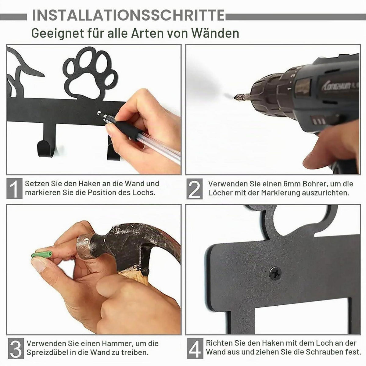 Hundegarderobe mit 5 Haken und Pfotenabdruck-Design