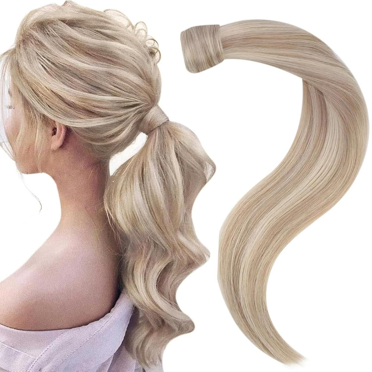 Echthaar Pferdeschwanz Extension Aschblond Mix Gelb Blond 40cm