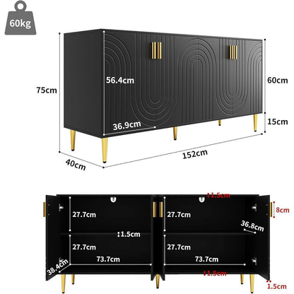 Modernes Sideboard mit 2 Türen & 4 Schubladen (152x40x75cm) Schwarz