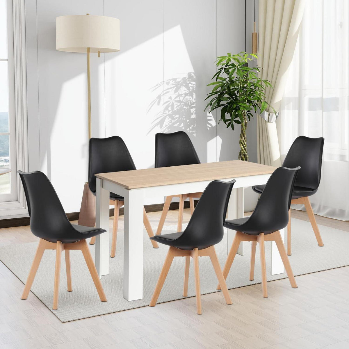 Esszimmergruppe Eiche-Weiß 120cm mit 6 Schwarz Stühlen