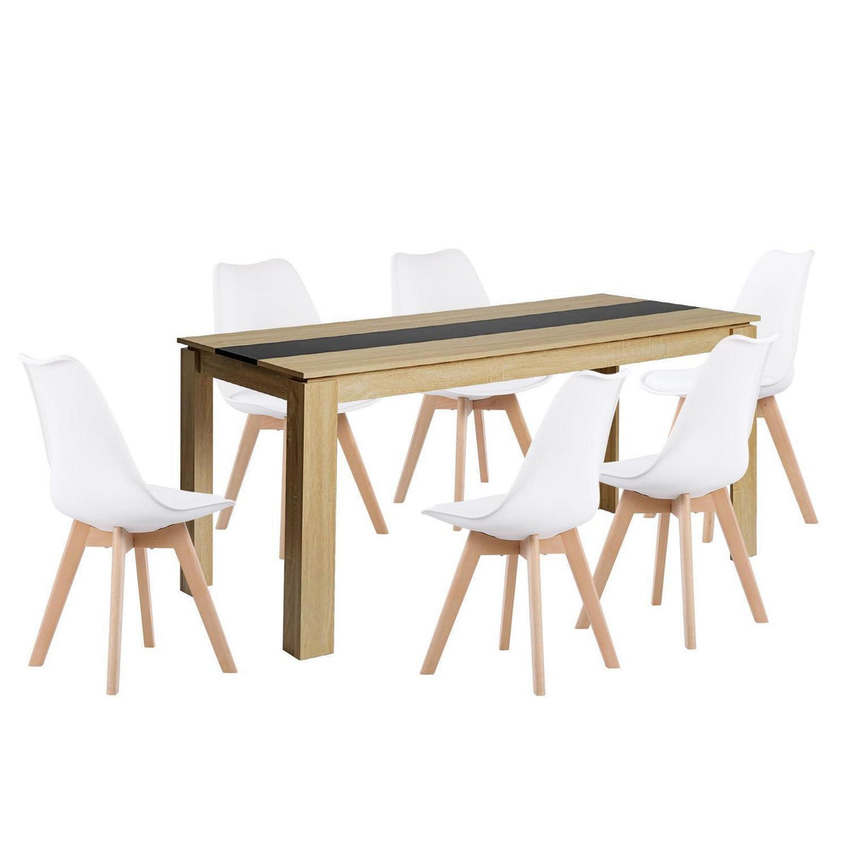 Esszimmergruppe Eiche-Schwarz 160cm mit 6 weißen Stühlen